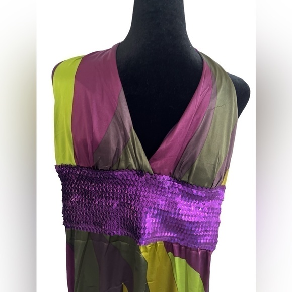 C- Throu Silk Metallic  Halter Neck  Sleeveless Maxi Dress Gown - Picture 2 of 6